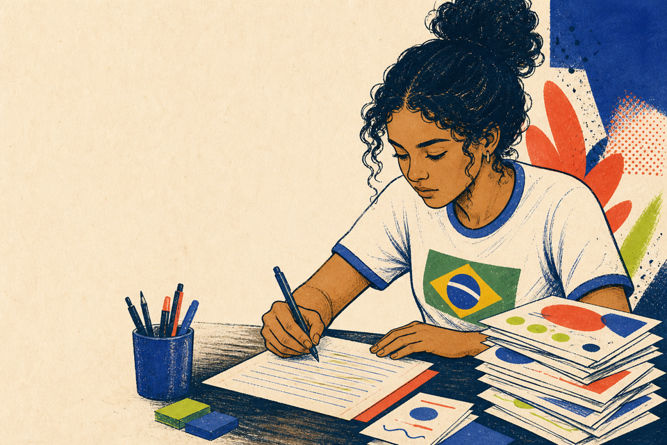 Estudante escrevendo em uma mesa de estudos